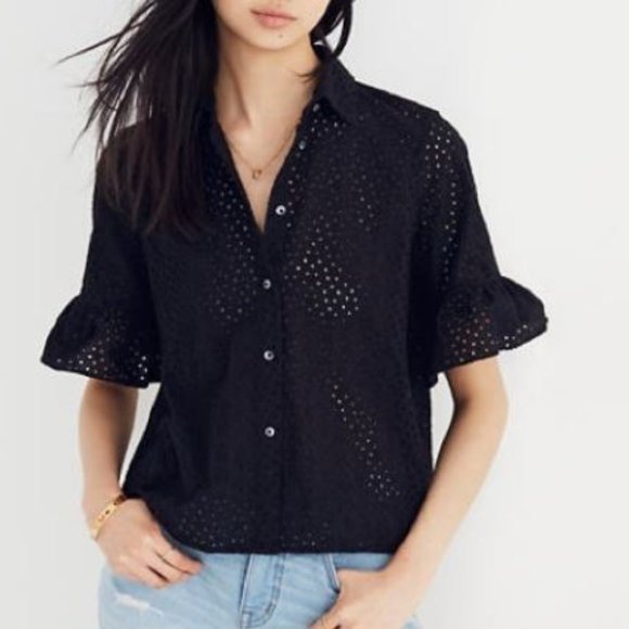 Madewell Tops - 🎊HP🎊 Madewell Eyelet Bell-Sleeve Black Shirt S
